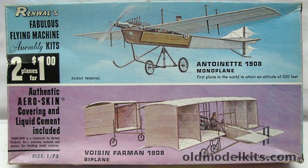 Renwal 1/72 2 for 1 Aeroskin Fabulous Flying Machines Antoinette 1908 Monoplane and Voisin Farman 1908 Biplane, 212-100 plastic model kit